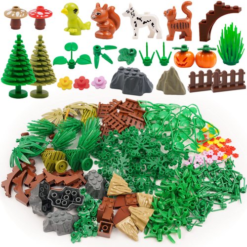 BroTex Plants Tree Accessories Jungle - Botanical Parts Bricks Flower Leaf Forest Flower Plants Pieces Building Blocks Set, Animals Farm Squirrel Birds Grass Garden House Toy (Without Baseplate)