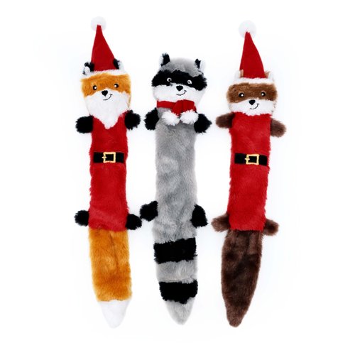 ZippyPaws Christmas Skinny Peltz Dog Toys - Stuffed Animals for Small & Medium Puppies, Plush Interactive Squeakers, Stocking Stuffer Gifts for Pets - Santa Fox, Raccoon, & Elf Squirrel