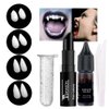 Go Ho Halloween Vampire Fangs Fake Teeth Makeup,Sticky Edible Fake Blood and Black Lipstick Kit,Black Lipstick+ Sticky Blood+ 4 Pairs 4 Sizes Vampire Fangs Teeth with Adhesive Glue,Vampire Accessories