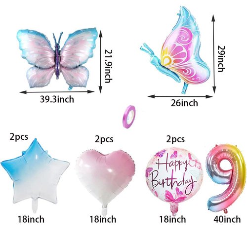 9Pcs Butterfly Balloons 9th Birthday Decorations for Gradient Colorful Butterfly Foil Balloons 9 Years Old Fairy Butterfly Theme Birthday Party Supplies Decor