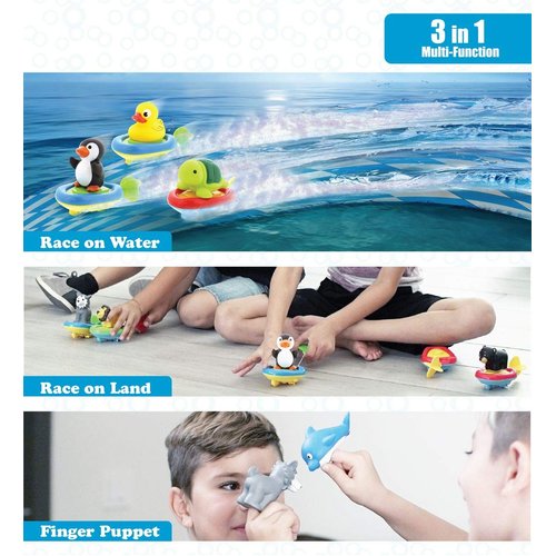 Dollibu Boat Racer Buddy, Fun Educational Bath Toy Finger Puppet Pull and Go Water Racing Sea Life Pal for Shower Pool Bathtub Swim Hard Surface - Baby Toddler and Boy - 6 Inch - 3 in 1 Game - Penguin