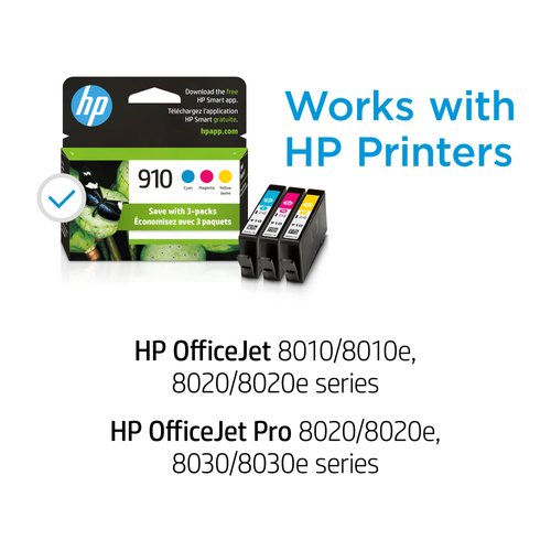 HP 910 Cyan, Magenta, Yellow Ink Cartridges (3-pack) | Works with HP OfficeJet 8010, 8020 Series, HP OfficeJet Pro 8020, 8030 Series | Eligible for Instant Ink | 3YN97AN