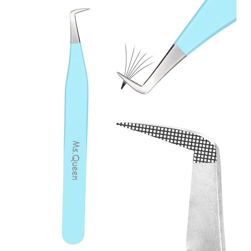 Ms.Queen Volume Tweezers For Eyelash Extensions, Fiber Tip Grip Lash Tweezers L-Shape Boot Mega Volume Mink Lashes Tweezers, Blue