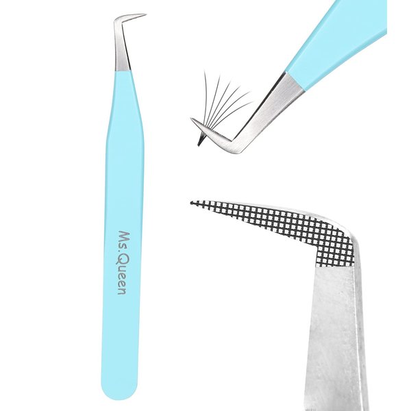Ms.Queen Volume Tweezers For Eyelash Extensions, Fiber Tip Grip Lash Tweezers L-Shape Boot Mega Volume Mink Lashes Tweezers, Blue