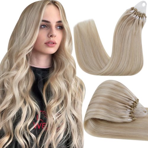 Hetto Micro Link Hair Extensions Human Hair Blonde Highlight Micro Loop Hair Extensions Real Human Hair Micro Ring Extensions Highlighted #18 Ash Blonde Mix #613 Bleach Blonde 50 Strands 40g