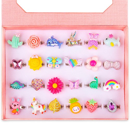 ArtCreativity Rings For Girls 24 Adjustable, No Duplication Kids Rings in Gift Box, Girl Dress Up Jewelry, Toys For Girls, Toddler Girl Gifts, Birthday Gifts, Stocking Stuffers For Kids, Party Favors For Kids 3 4 5 6 7 8 9 10 11 12 Year Old
