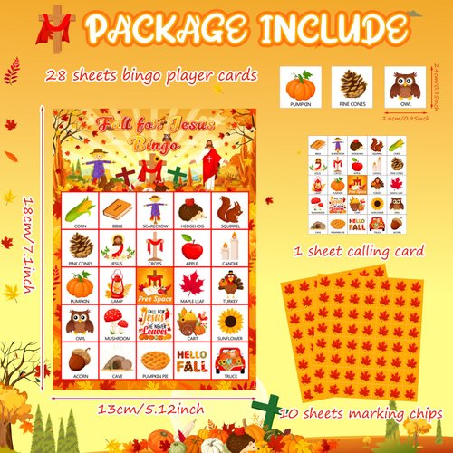 Shappy 39 Pcs Fall Bingo Game Cards Sets for Adults 28 Players Fall Festival Party Games Autumn Bingo Cards for School Classroom Family Activities Thanksgiving Party Supplies Decoration(Christian)