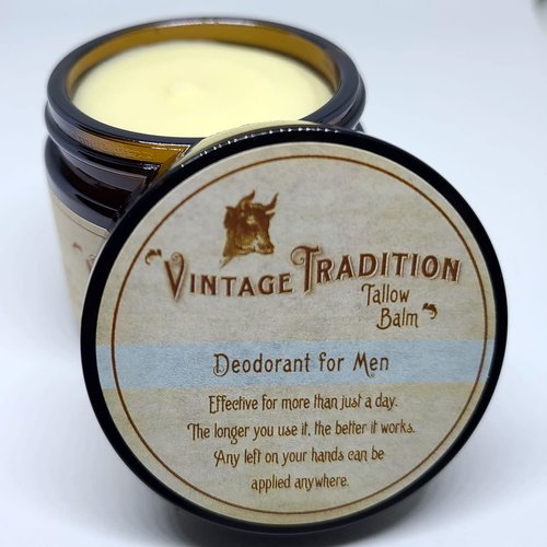 Beef Tallow Mens Natural Deodorant – 2 Fl. Oz. Travel Size Deodorant with Olive Oil, Fir Tree and Thyme Essential Oil Blend – Aluminum- and Chemical-Free Underarm Balm by Vintage Tradition