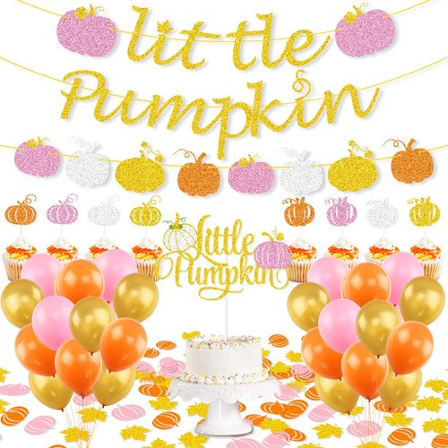 K KUMEED Little Pumpkin Party Decorations, Little Pumpkin Banner Cake Topper Little Pumpkin Maple Leaf Confetti Latex Balloons for Thanksgiving Baby Shower Birthday Party Decorations