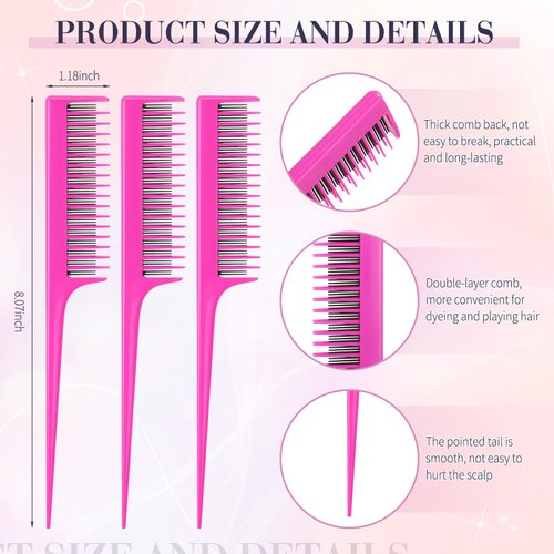 Leinuosen 3 Piece Triple Teasing Comb Rat Tail Comb Tool and Structure Tease Layers Rattail Comb for Women Back Combing Root Teasing Adding Volume Evening Styling (Pink)