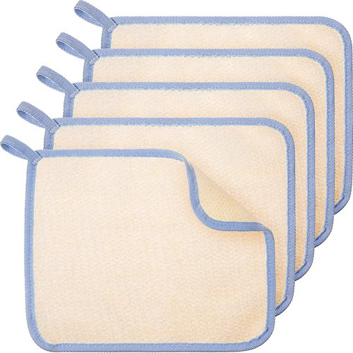 5 Pieces Exfoliating Face and Body Wash Cloths Towel Weave Bath Cloth Exfoliating Scrub Cloth Massage Bath Cloth for Women and Men (Blue Edge,11.81 x 11.8 Inch)