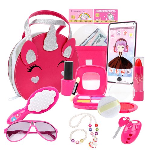RONGGE Little Girls Purse with Accessories and Pretend Play Makeup Toys Fake Cosmetic Beauty Set for Toddler Girls Age 3 4 5 6-8 Kids Your Princess Niece Granddaughter Birthday Halloween Christmas