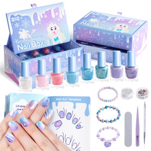 Tomons Kids Nail Polish Set for Girls, Non Toxic Nail Polish Art Kit for Kids Ages 7-12, Frozen Toys Gifts for 8 9 10 11 12 Girl, Bracelets, Glitter, Sequins, Stickers - 8 Colors