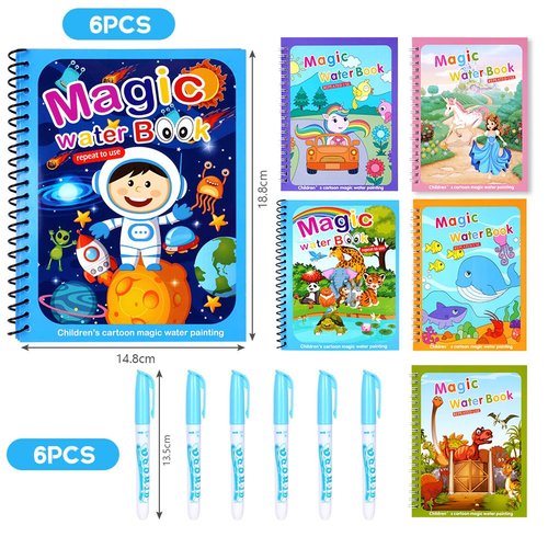 OSDUE 6 Pack Water Coloring Book for Toddler, Water Painting Book for Toddlers, Paint with Water Books, Educational Learning Doodle Toy, Reusable No-Mess Art Book Travel Toys & Xmas Gift for Kids