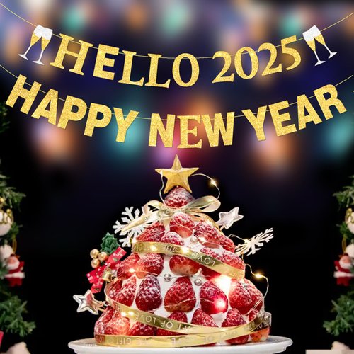 TC.ES Happy New Year 2025 Banner, No DIY, Gold and Black Glittery New Year Holiday Themed Party Decorations for Mantle