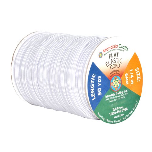 Mandala Crafts White Elastic Bands 1/4 Flat Elastic Cord Stretch Strap - 6mm 50 Yds Roll of Elastic Straps Braided Elastic Band - 1 4 Inch Elastics for Sewing and Elastic Crafting