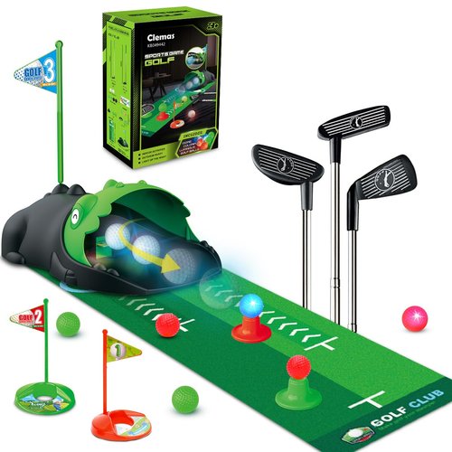 Clemas Kids Toy Golf Club Set with Automatic Ball Returner, Led Light Up Night Golf Balls, Golf Putting Mat, 3-5 Toddler Mini Golf Games, Indoor Outdoor Sport Toys Gifts for Boys Girls Aged 3 4 5 6