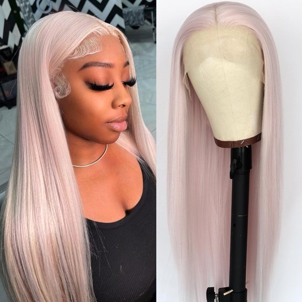 Phyoung Ice Pink Lace Front Wigs Long Straight Hair Pastel Pink Synthetic Lace Front Wigs for Fashion Women Heat Resistant Glueless Lace Wigs