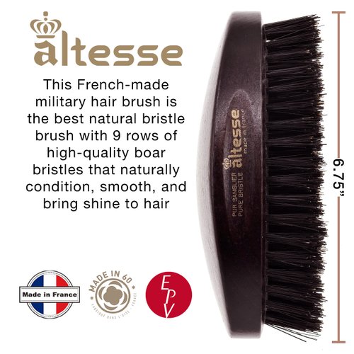 Altesse 1319P Military Brush Boar Bristle Hair Brush for Men Beard and Mustache Beard Dark Beechwood Hard Military Brush for Men with 9 Rows of 100% Firm Natural Bristle Hair Brush Handmade In France