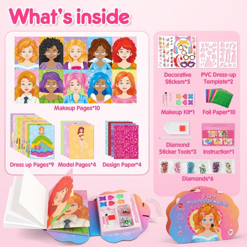 Mocoosy 5-in-1 Princess Dress Up & Makeup Game Set, Paper Doll Art Craft Activity Kits for Girls, Fashion Design Sticker Book for Diamond Painting & Foil Fun Travel Toy Fantasy Gift Kids Ages 4 6 7 8