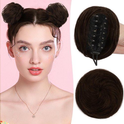 RUWISS 2 Pcs Mini Claw Clip Hair Bun Hair pieces Human Hair Space Buns Clip in Messy Cat Ears Hair Bun Extensions Hairpieces for Women (Pack of 2, Dark Brown with 15% Dark Cocoa Blonde)