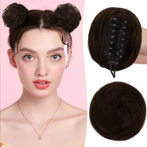 RUWISS 2 Pcs Mini Claw Clip Hair Bun Hair pieces Human Hair Space Buns Clip in Messy Cat Ears Hair Bun Extensions Hairpieces for Women (Pack of 2, Dark Brown with 15% Dark Cocoa Blonde)