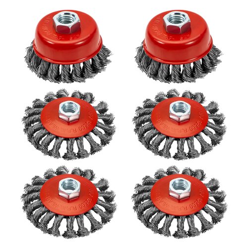 AUPREX 6 Pack 4 Inch Wire Wheels for Angle Grinder, 3 Inch Wire Cup Brush for 4 1/2 Angle Grinder, Twist Knotted Carbon Steel Wire Wheel with 5/8"-11 UNC Thread Arbor for Removing Rust,Paint etc