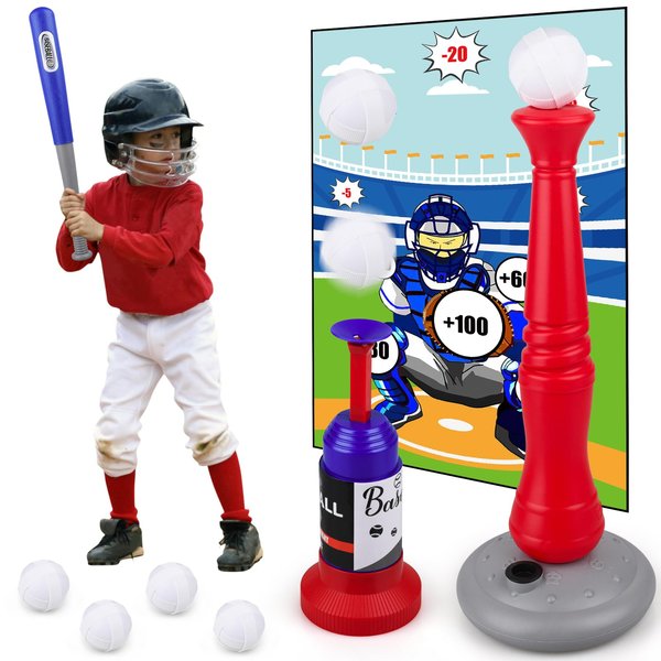 DUYOYU Tee Ball Set - Tball Set for Toddlers 3-5, T Ball Set with Upgrade Pitch Launcher & Target Mats, Outdoor Sport Toy Games