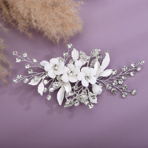 Teyglen Flower Bridal Hair Clip Crystal Bride Wedding Hair Accessories Silver Hairpin Bridal Crystal Hair Barrettes Rhinestone Hair Piece Headpiece for Women Girls (Silver)