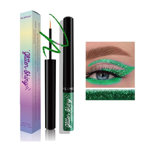 Green Glitter Liquid Eyeliner Eyeshadow Long-lasting Waterproof Smudge proof Liquid Liner, Quick-Drying High-pigmented Neon Colorful Eyeliners, Diamond Shimmer Sparkle Eyeliner Halloween Makeup (11#)