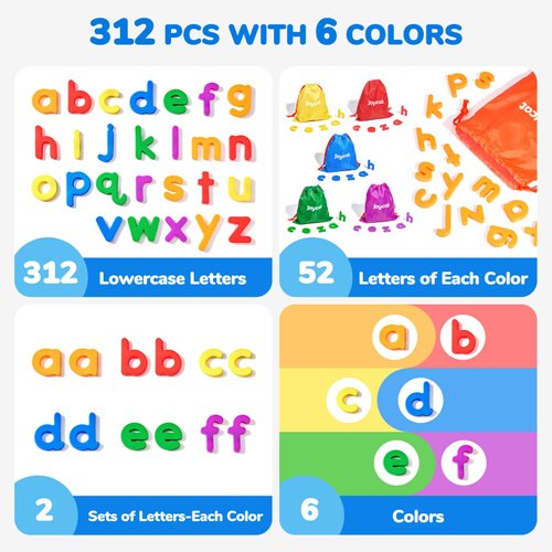 JoyCat Magnetic Letters, 312 Pieces Lowercase Alphabet Fridge Magnets, ABC Magnets for Toddlers Kids, Educational Learning Plastic Letters Magnets Set for Kindergarten Classroom (6 Sets of 52 Letters)