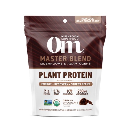 Om Mushroom Superfood Master Blend Plant-Based Protein Powder, 19.26 Ounce, 14 Servings, Creamy Chocolate Protein with 10 Mushroom Complex, Lions Mane, Adaptogens for Optimal Health and Recovery