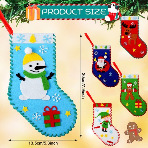 10 Pieces Felt Christmas Craft DIY Christmas Felt Stockings with Ornaments Handmade Sewing Sock Kits for Kids Christmas Favors Decorations Crafts Kits Christmas Party Hand DIY Supplies, 5 Styles