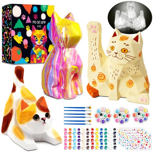 FUNZBO 3Pcs Paint Your Own Cat Lamp Kit - Art & Craft Supplies Kitten Painting Kits, Arts and Crafts for Kids Adults, DIY Night Light Toys Christmas Gift for Girls Boys Ages 3 4 5 6 7 8 9 10 11 12 13+
