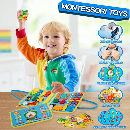 MORNOR Busy Board for Toddlers 1 2 3 4 Year Old, Sensory Activity Board for Learning Toys, Travel Toys for Toddlers 1-3, Montessori Toys for Fine Motor Skills, Gift for Boys Girls (Blue)