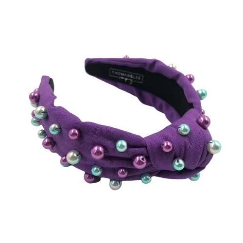 Thomas & Lee Purple Headband with Green Purple and Gold Pearl Beads Hand Beaded Fabric Headband, Gift, Birthday, Women