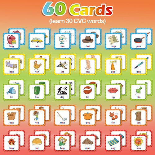 Aizweb CVC Word Match Game,Memory Game, 60 Pcs Toddler Card Games for Kids Ages 3 4 5 6,Phonics Games Flash Cards for Preschool Kindergarten Learning Activities,Educational Toys Homechool Supplies