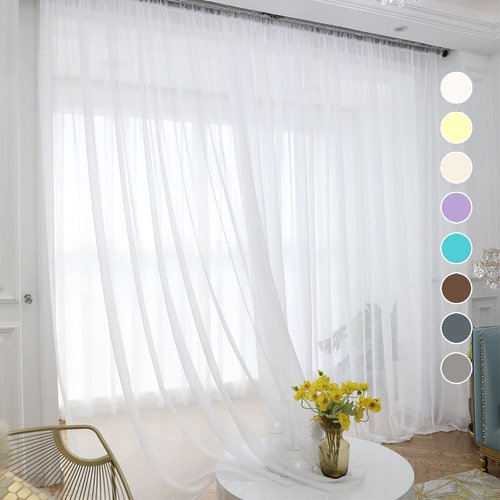 ABCHOME White Sheer Curtains 108 Inches Long 2 Panels,Rod Pocket Voile Semi Sheer Window Curtains for Kitchen, Bedroom and Living Room (White, 52 W x 108 L)