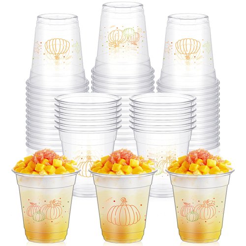 Yaomiao 50 Pcs 12 Oz Fall Party Plastic Cups Bulk Disposable Autumn Clear Plastic Cups Thanksgiving Party Cups Pumpkin Maple Leaves Drink Cups for Fall Harvest Thanksgiving Party Decoration