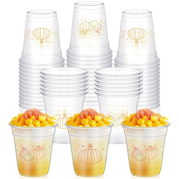 Yaomiao 50 Pcs 12 Oz Fall Party Plastic Cups Bulk Disposable Autumn Clear Plastic Cups Thanksgiving Party Cups Pumpkin Maple Leaves Drink Cups for Fall Harvest Thanksgiving Party Decoration