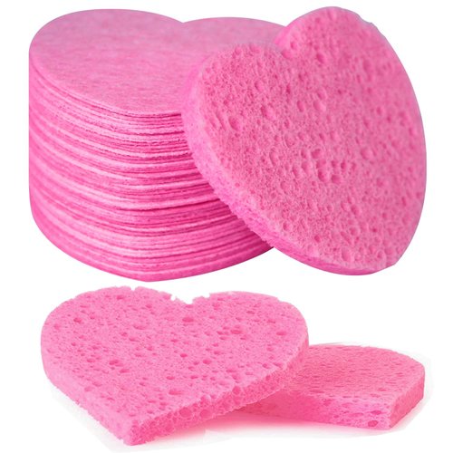 50-Count Facial Sponges Compressed Natural Cellulose Sponge Spunspon Heart Shape Face Sponge for Face Cleansing Exfoliating and Makeup Removal, Pink