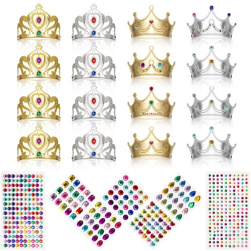 Hoedia Foam Princess Crowns and Tiaras Set, 23 Packs Silver and Gold Foam Crowns for Kids to Decorate, Make Your Own Crowns Craft DIY Princess Party Hats with 7 Pcs Diamond Sticker