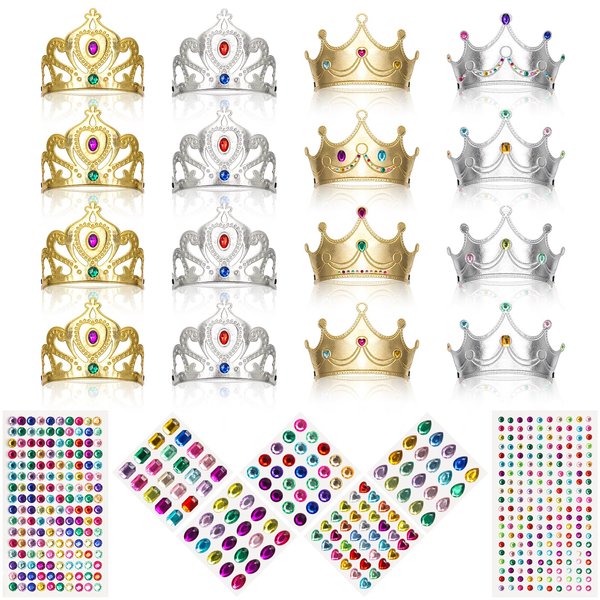 Hoedia Foam Princess Crowns and Tiaras Set, 23 Packs Silver and Gold Foam Crowns for Kids to Decorate, Make Your Own Crowns Craft DIY Princess Party Hats with 7 Pcs Diamond Sticker
