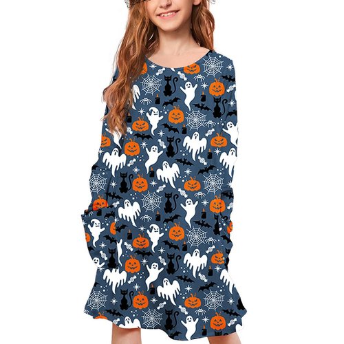 Virmoku Girls Halloween Costumes For Kids Costume Dress Dresses Long Sleeve Printed Halloween Shirt Dresses With Pockets