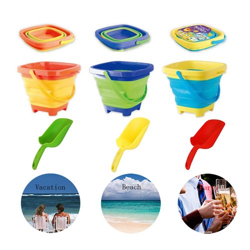 RANLUP 6.7 Inch Beach Pails Sand Buckets and Sand Shovels Set for Kids,Summer Beach Toys for Outdoor,Foldable Bucket Portable Silicone Pail for Kids Beach Play, 2L, 3PCS