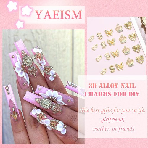 YAEISM 30PCS Gold Nail Charms 3D Crown Nail Charms Crystal Money Sign Nail Charms 5 Styles Heart Nail Charms Shiny Butterfly Charms Nail Rhinestones for Nail Art and DIY Crafts Decoration