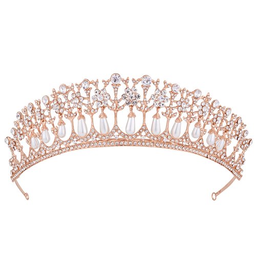 Vofler Wedding Tiara, Bride Pearl Crown - Rose Gold Crystal Rhinestone Headband for Women Queen Ladies Flower Girls Bridal Birthday Pageant Prom Homecoming Halloween Princess Diana Costume Party