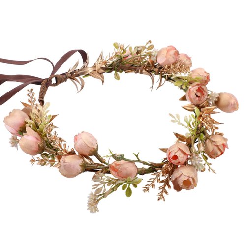 KorViSHOW Girls Fashion Flower Crown - Golden Leaf Champagne Flower Headband Fashion Elegant Floral Headpiece Romantic Hair Wreath for Women Wedding Halloween Christmas