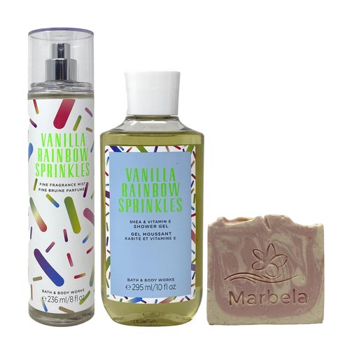 Bath & Body Works Vanilla Rainbow Sprinkles Gift Set Fine Fragrance Mist and Shower Gel with a Himalayan Salts Springs Sample Soap.