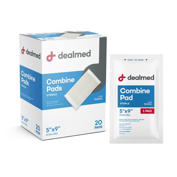 Dealmed Sterile Abdominal (ABD) Combine Pads, 5" x 9" Individually Wrapped, Disposable and Latex-Free Wound Dressing for First Aid Kit and Medical Facilities (Box of 20)